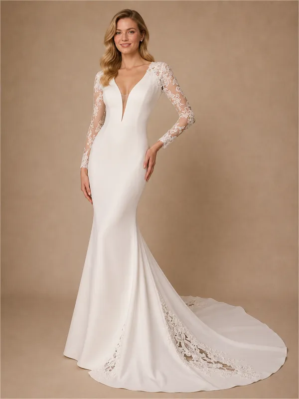 ChicSew Sexy V-Neck Lace Long Sleeves Mermaid Crepe Floor-Length Wedding Dress made by ChicSew