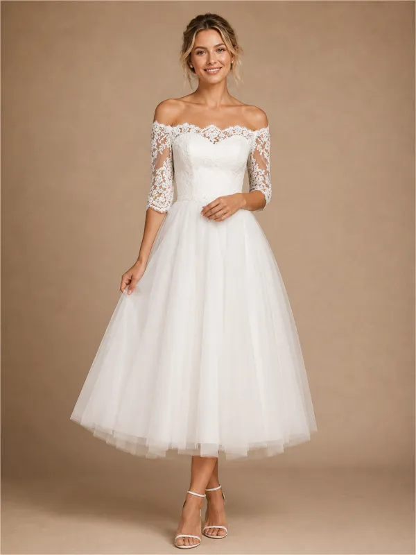 Chicsew Fancy Strapless Half Sleeves A-Line Tea-Length Lace Tulle Wedding Dress made by ChicSew
