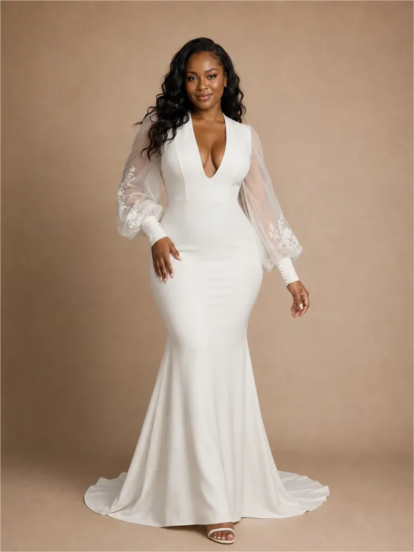 ChicSew Modern Sexy V-Neck Long Tulle Sleeves Crepe Mermaid Maxi Wedding Dress made by ChicSew