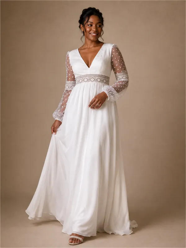 ChicSew Elegant V-Neck Long Tulle Sleeves Chiffon A-Line Maxi Wedding Dress made by ChicSew