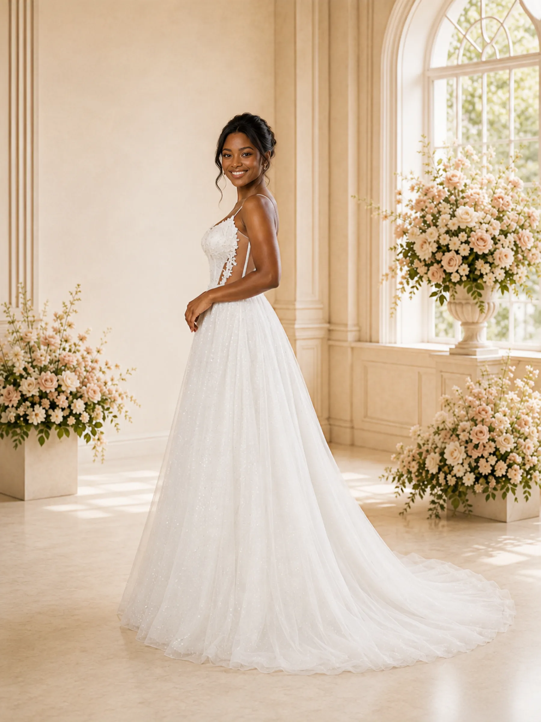 ChicSew Romantic A-Line Spaghetti Straps V-Neck Glitter Tulle Maxi Wedding Dress sold by ChicSew product image thumbnail 3