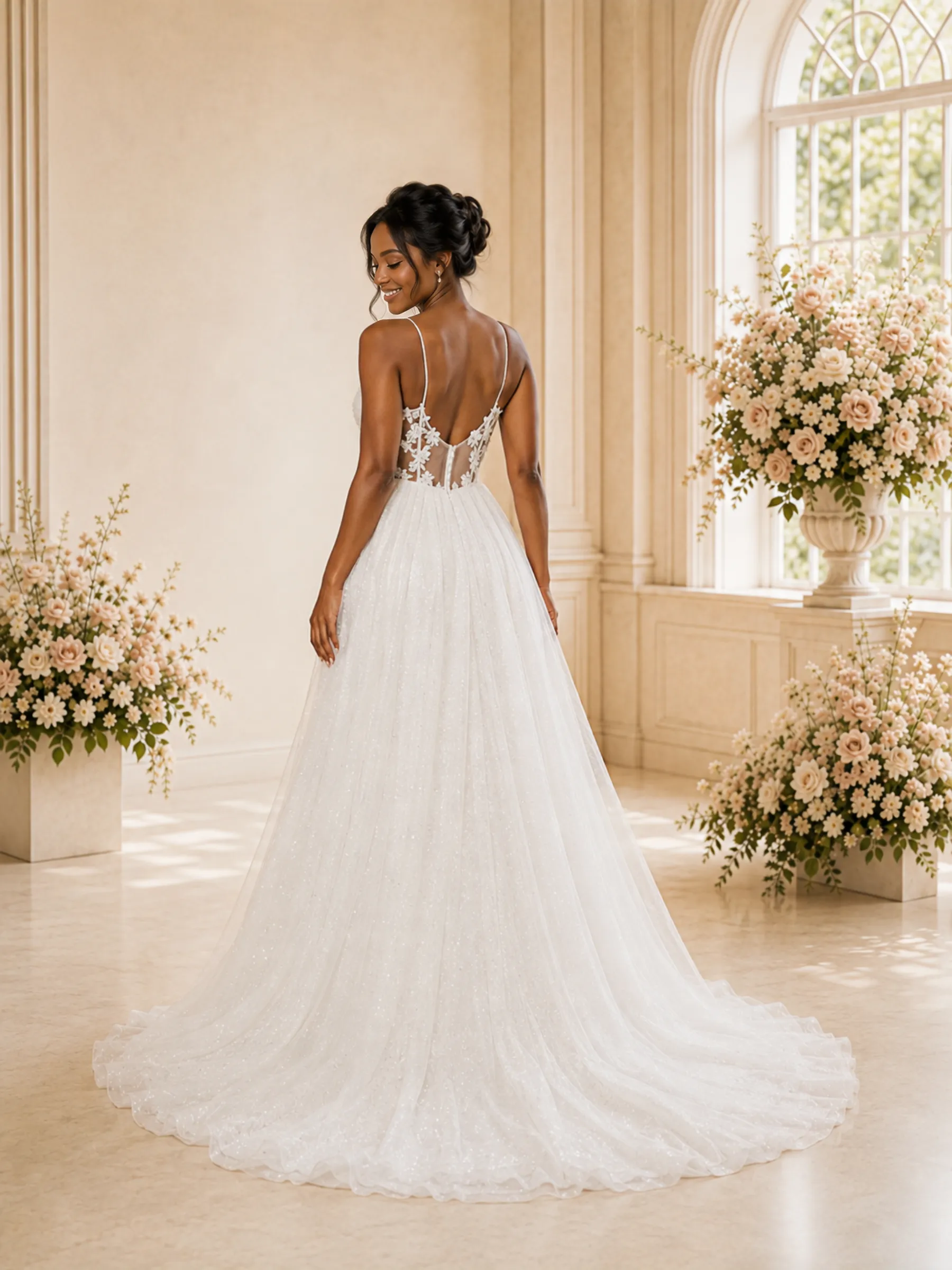 ChicSew Romantic A-Line Spaghetti Straps V-Neck Glitter Tulle Maxi Wedding Dress sold by ChicSew product image thumbnail 4