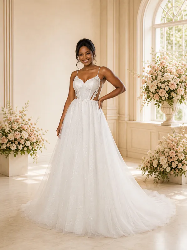 ChicSew Romantic A-Line Spaghetti Straps V-Neck Glitter Tulle Maxi Wedding Dress made by ChicSew