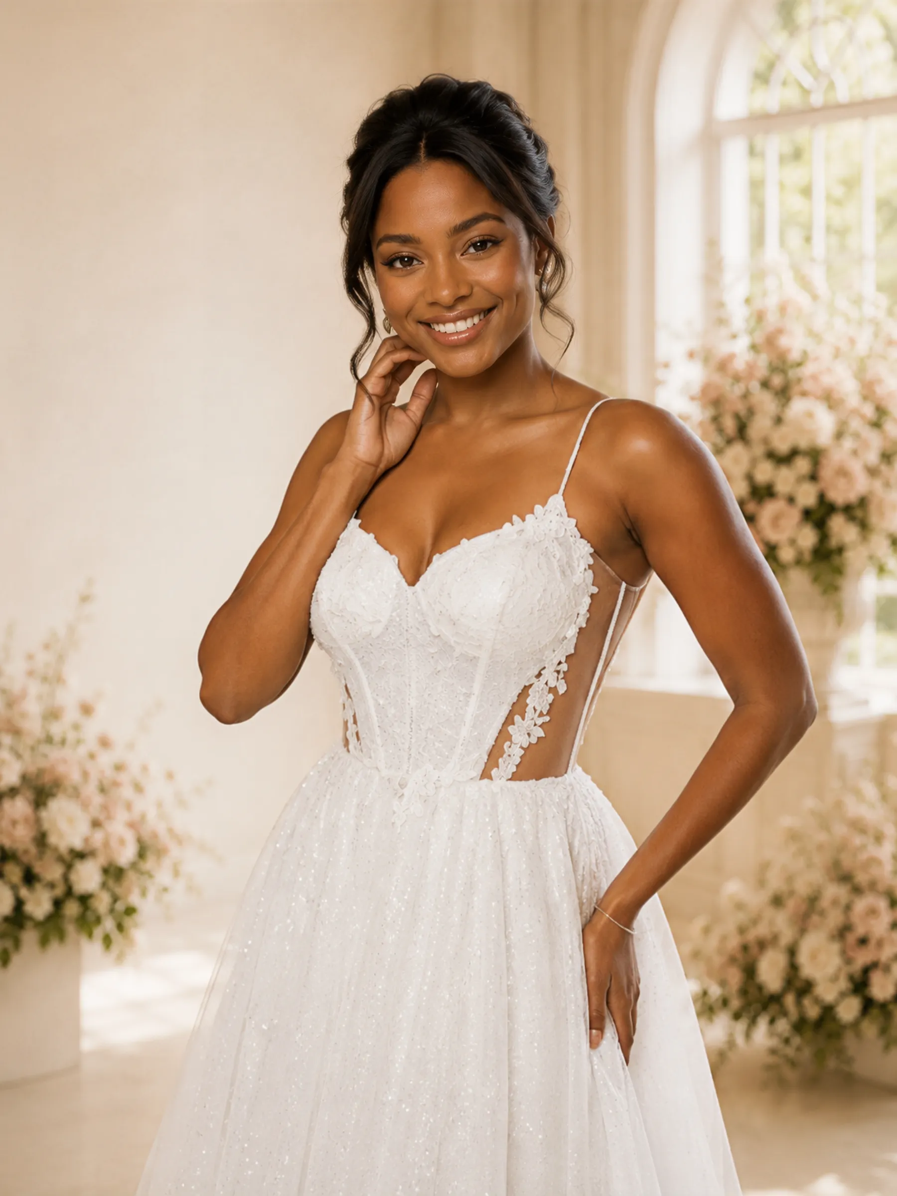 ChicSew Romantic A-Line Spaghetti Straps V-Neck Glitter Tulle Maxi Wedding Dress sold by ChicSew product image thumbnail 2