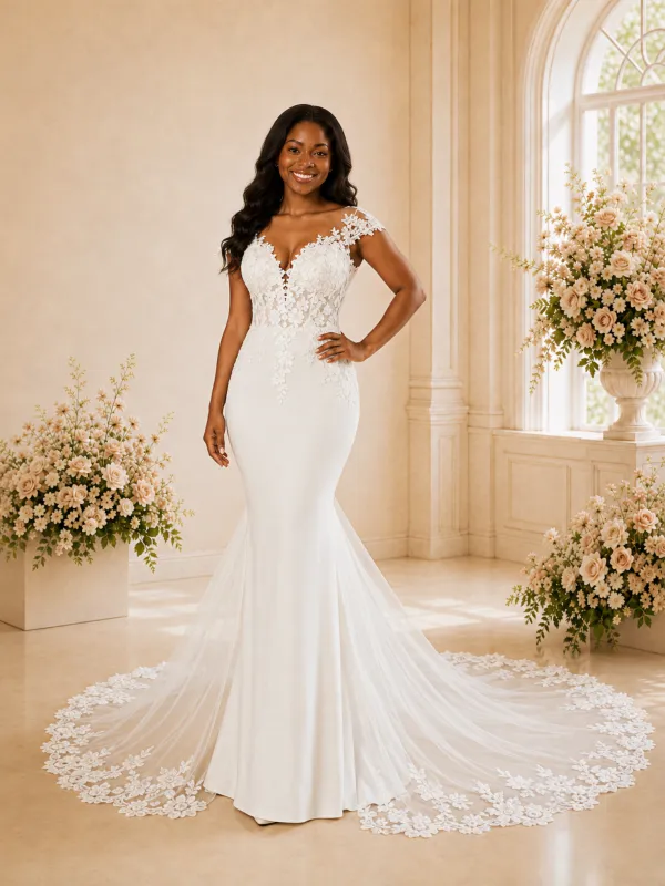 ChicSew Fancy V-Neck Crepe Mermaid Maxi Wedding Dress With Lace Applique made by ChicSew