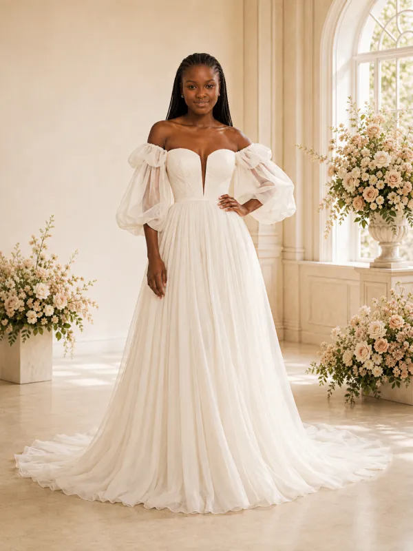 ChicSew Mondern Strapless Puff Sleeves A-Line Tulle Maxi Wedding Dress made by ChicSew