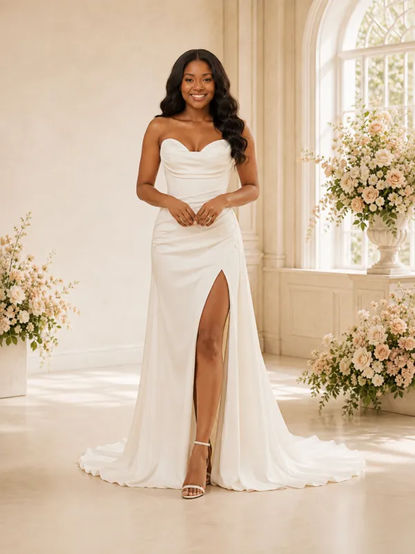 ChicSew Fancy Sweetheart Ruching Mermaid Side Slit Long Satin Wedding Dress made by ChicSew