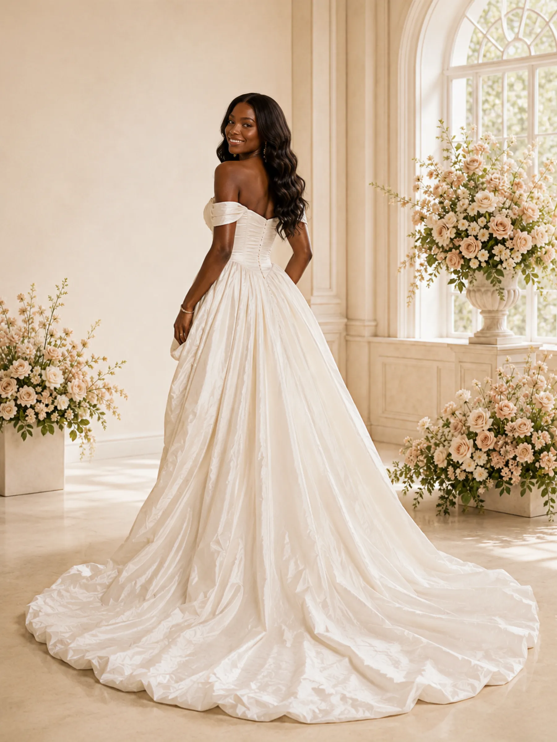 ChicSew Modern Off The Shoulder A-Line Ruched Satin High-Low Wedding Dress sold by ChicSew product image thumbnail 4