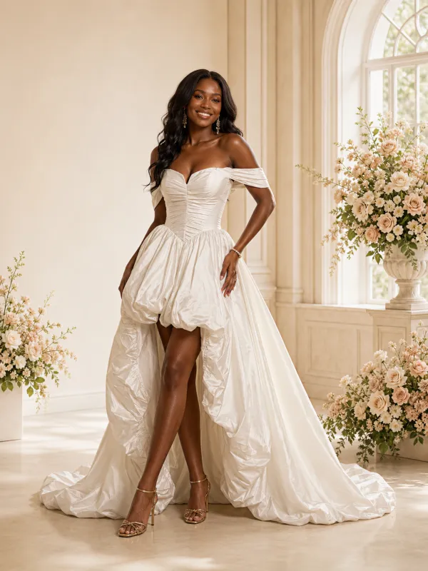 ChicSew Modern Off The Shoulder A-Line Ruched Satin High-Low Wedding Dress made by ChicSew