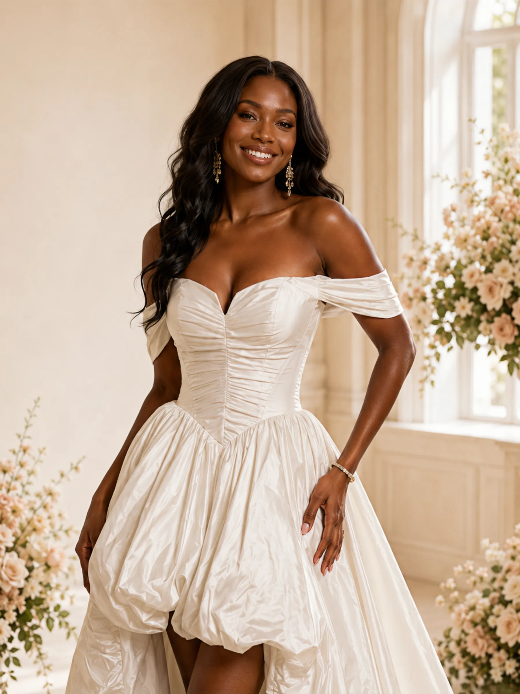 ChicSew Modern Off The Shoulder A-Line Ruched Satin High-Low Wedding Dress sold by ChicSew product image thumbnail 2
