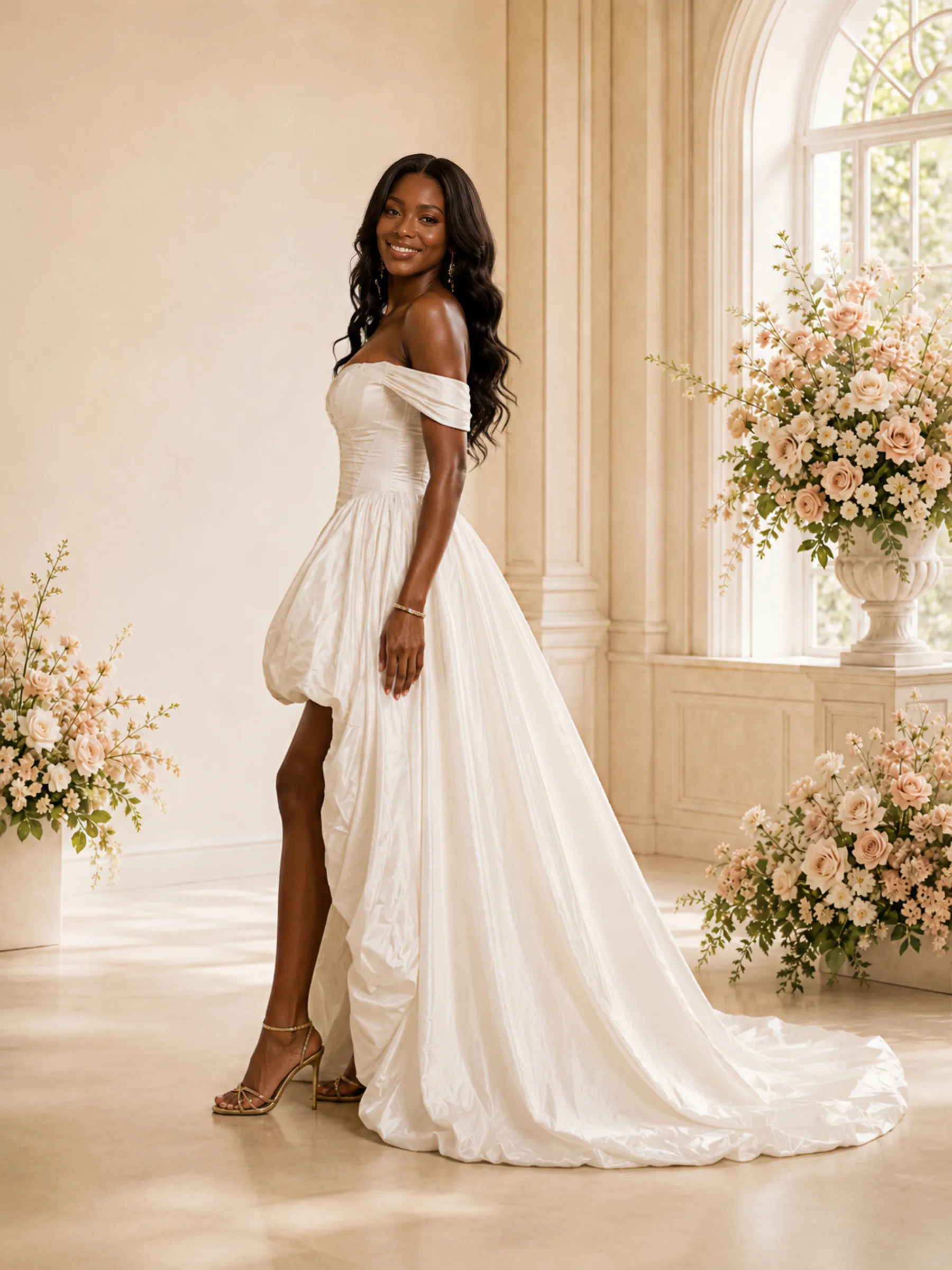 ChicSew Modern Off The Shoulder A-Line Ruched Satin High-Low Wedding Dress sold by ChicSew product image thumbnail 3