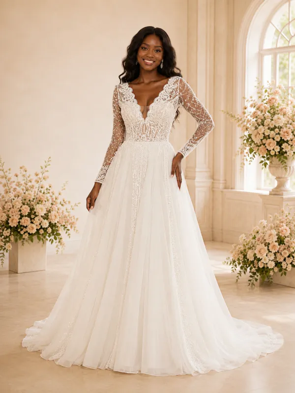 ChicSew Elegant Fancy V-Neck Long Sleeves Tulle A-Line Open Back Wedding Dress With Lace Applique made by ChicSew