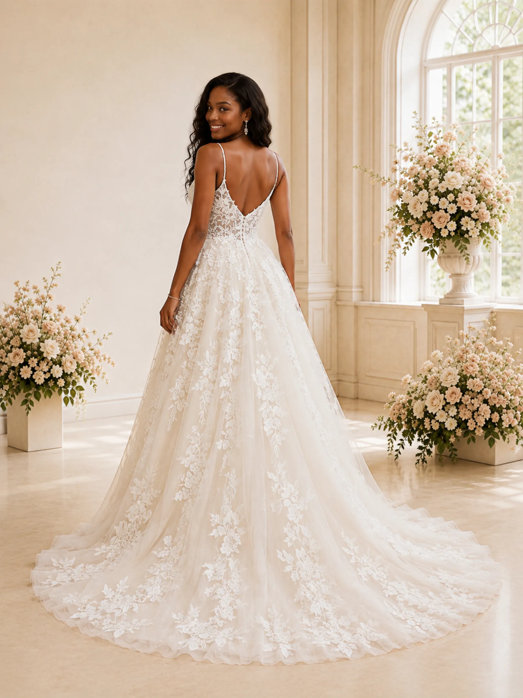ChicSew Fancy Elegant Spaghetti Straps Tulle Lace A-Line Maxi Long Wedding Dress sold by ChicSew product image thumbnail 4