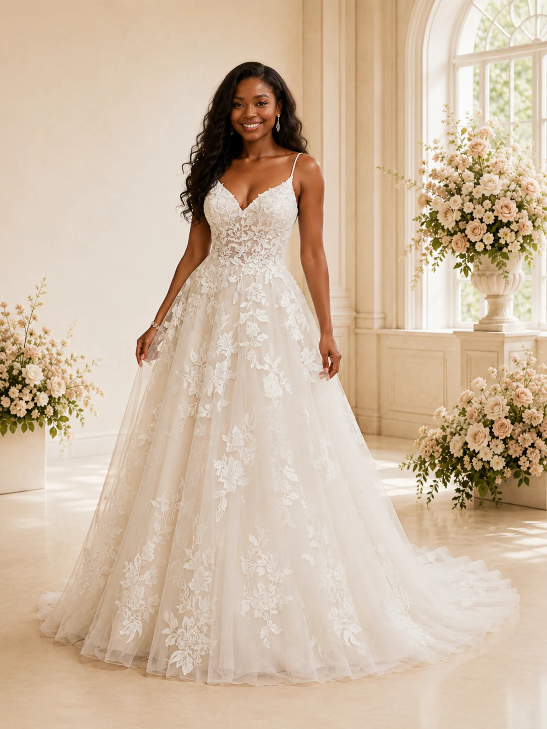ChicSew Fancy Elegant Spaghetti Straps Tulle Lace A-Line Maxi Long Wedding Dress sold by ChicSew