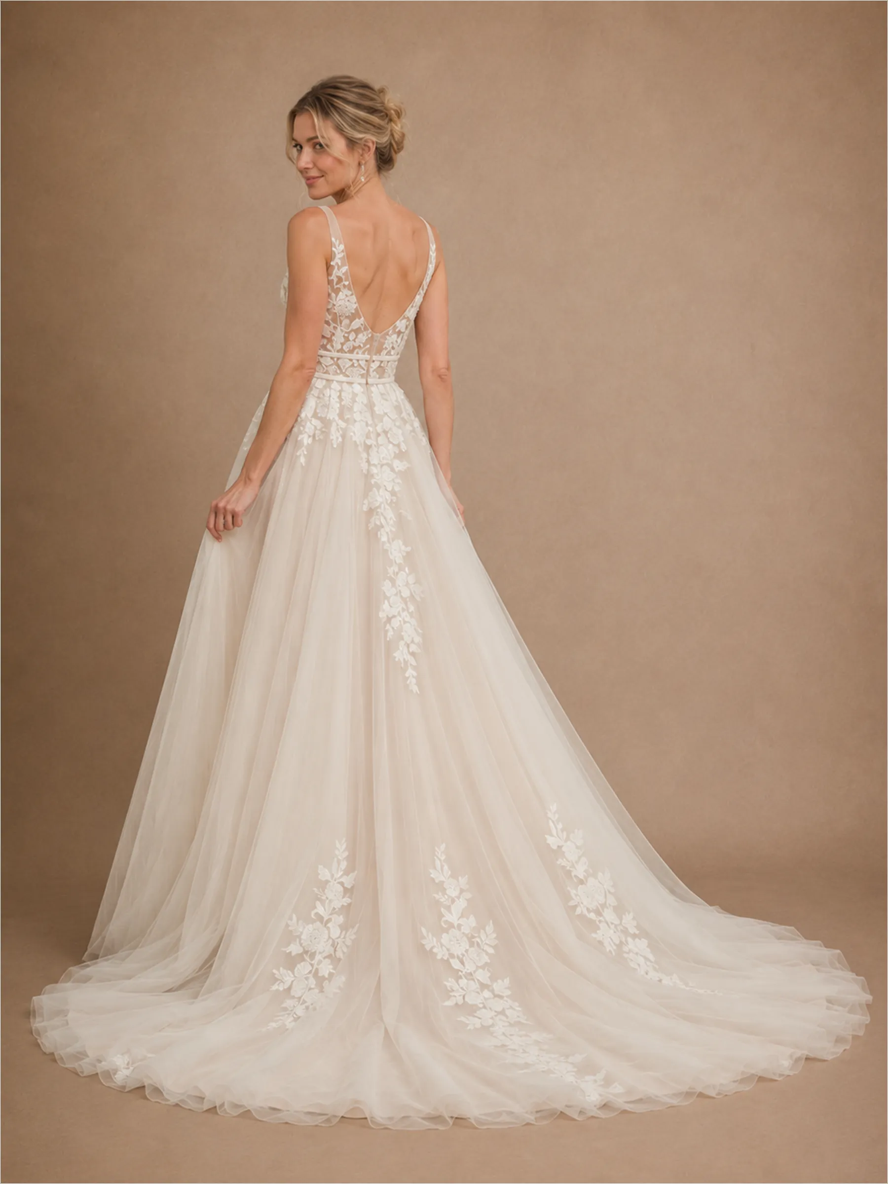 ChicSew Fancy Spaghetti Straps Tulle Lace Appliques A-Line Maxi Wedding Dress sold by ChicSew product image thumbnail 4