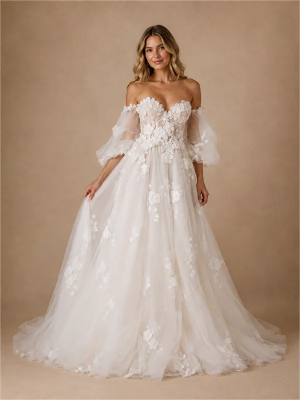 ChicSew Romantic Sweetheart Puff Sleeves Tulle Lace Appliques A-Line Maxi Wedding Dress made by ChicSew