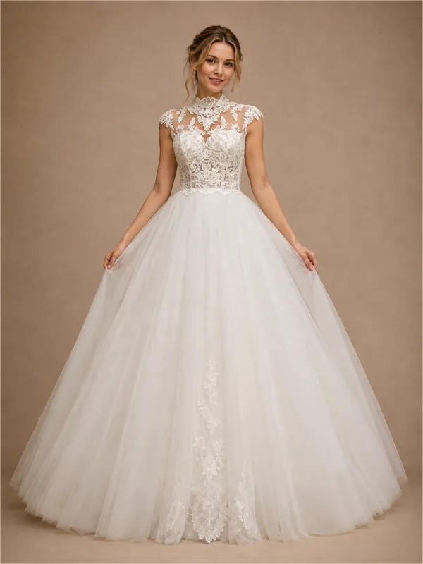 ChicSew Elegant High Neck Cap Sleeves Tulle Lace Appliques A-Line Maxi Wedding Dress made by ChicSew