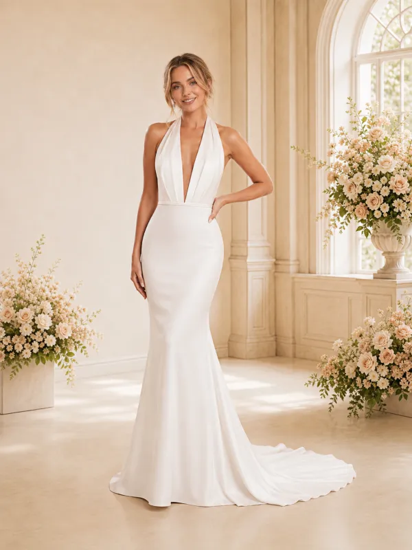 ChicSew Fancy Halter Strap Sleeveless Mermaid Satin Floor-Length Wedding Dress made by ChicSew