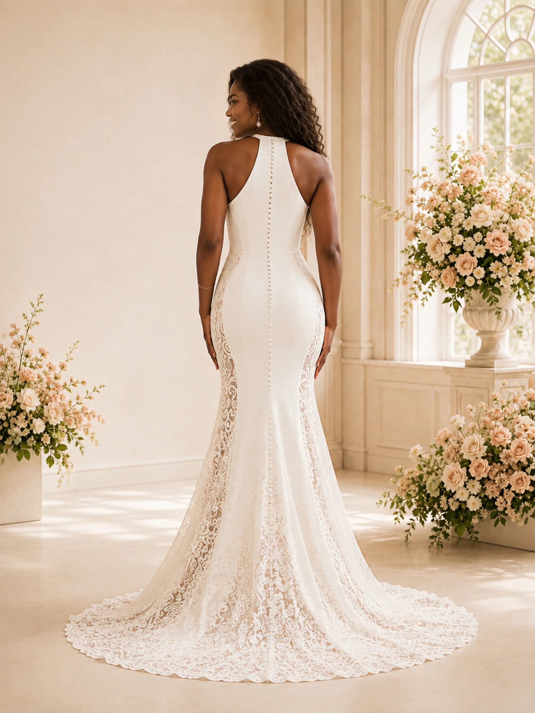 ChicSew Fancy Unique Crepe Halter Mermaid Long Wedding Dress With Lace Applique sold by ChicSew product image thumbnail 4