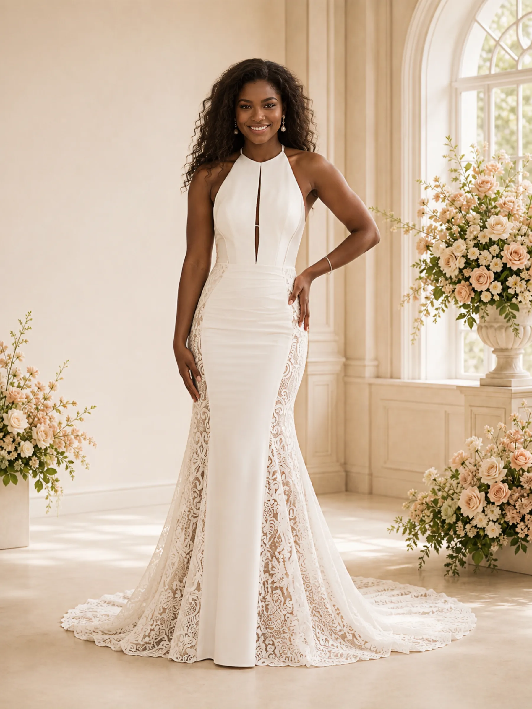 ChicSew Fancy Unique Crepe Halter Mermaid Long Wedding Dress With Lace Applique sold by ChicSew