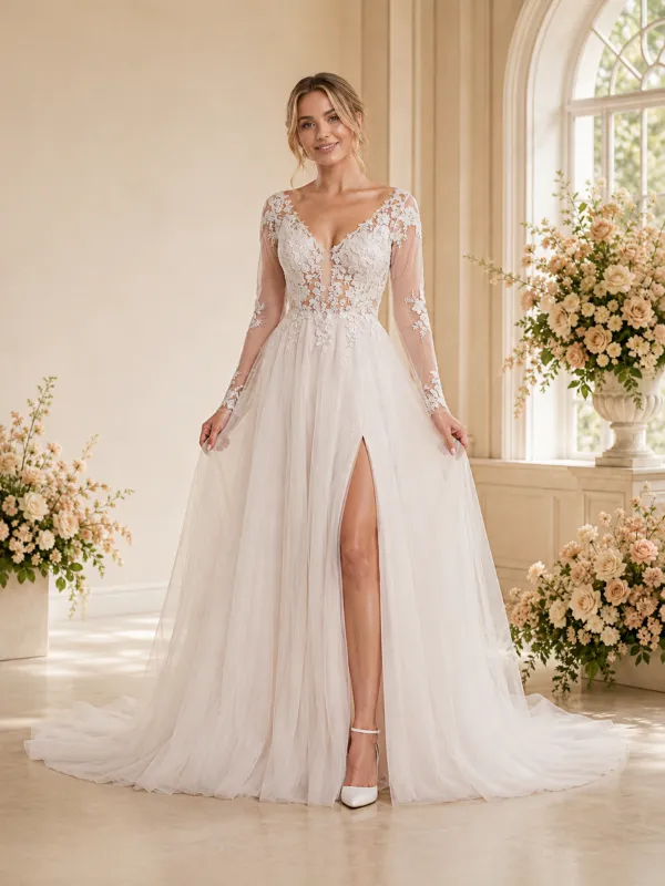 ChicSew Elegant V-Neck Long Sleeves Tulle Lace Appliques A-Line Maxi Wedding Dress made by ChicSew