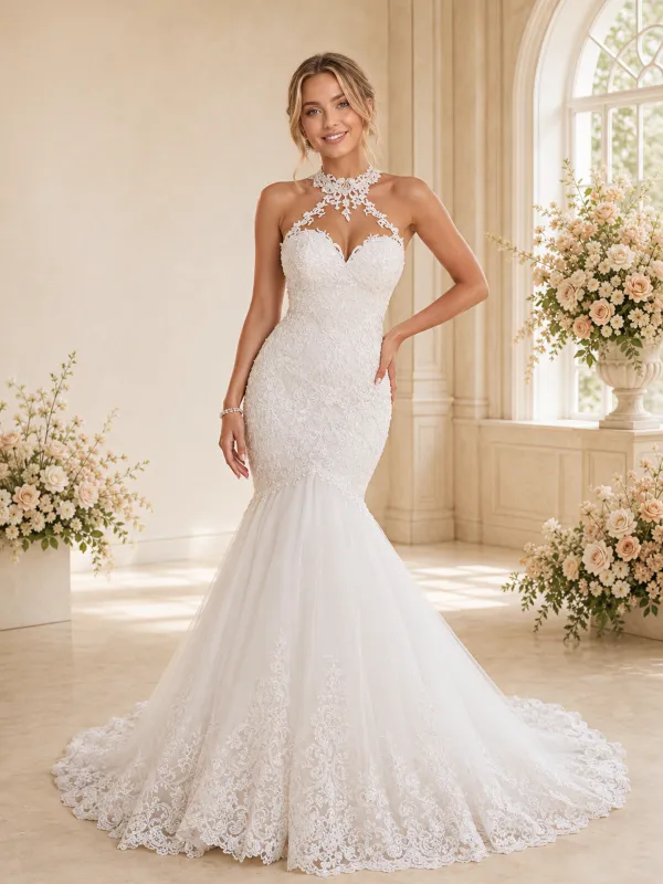 ChicSew Romantic High Neck Sleeveless Tulle Lace Appliques Floor-Length Wedding Dress made by ChicSew