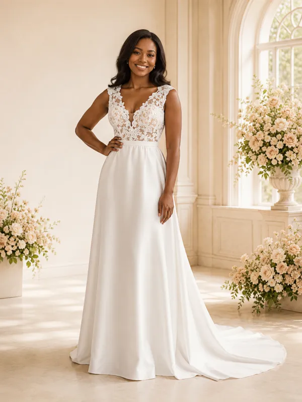 ChicSew Sexy Modern V-Neck Lace Crepe A-Line Maxi Long Wedding Dress made by ChicSew