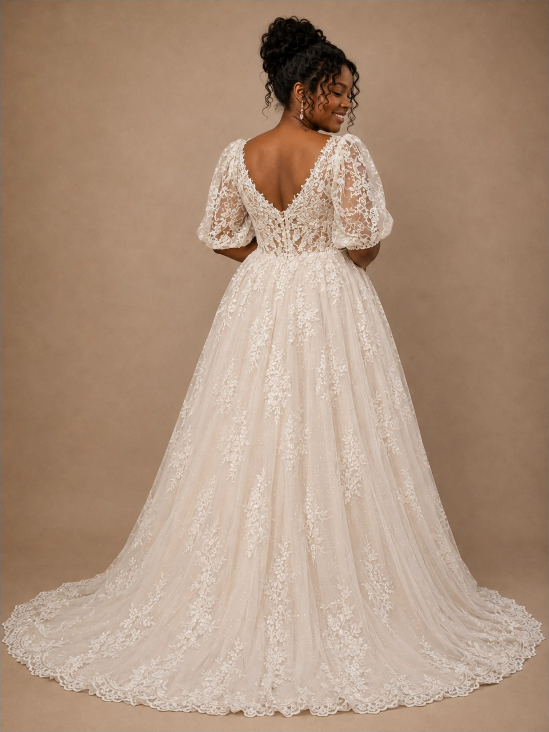 ChicSew Classy Elegant Half Sleeves V-Neck A-Line Lace Tulle Maxi Long Wedding Dress sold by ChicSew product image thumbnail 4