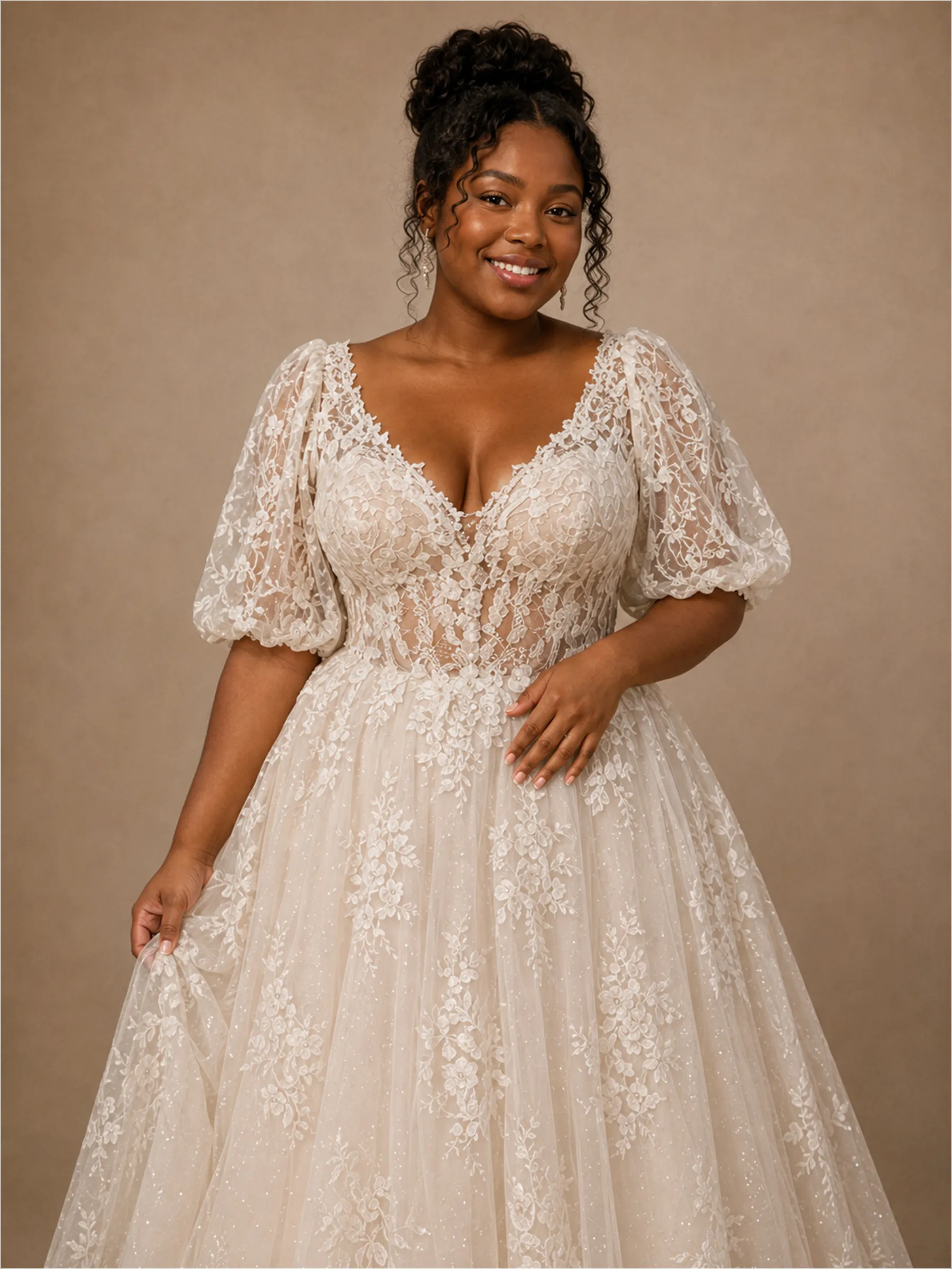 ChicSew Classy Elegant Half Sleeves V-Neck A-Line Lace Tulle Maxi Long Wedding Dress sold by ChicSew product image thumbnail 2