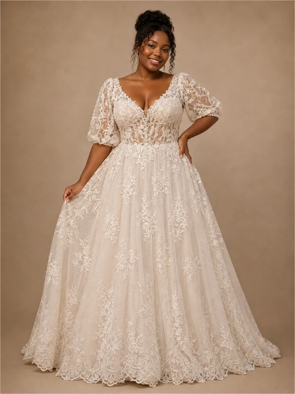 ChicSew Classy Elegant Half Sleeves V-Neck A-Line Lace Tulle Maxi Long Wedding Dress made by ChicSew