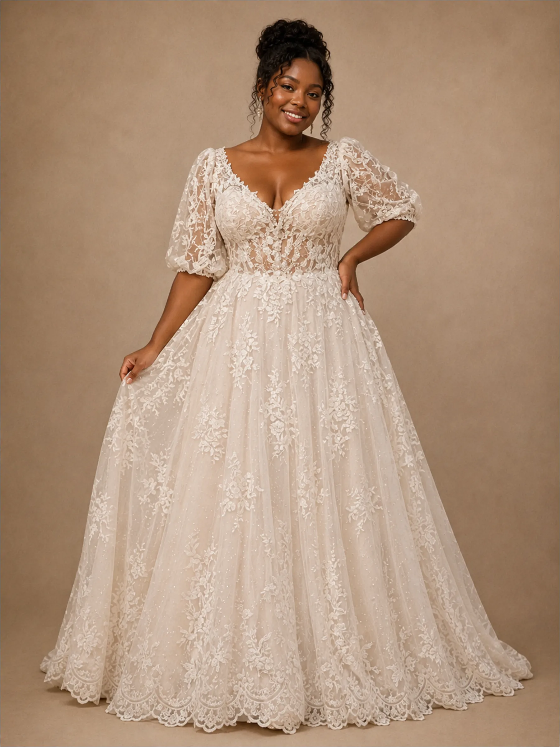 ChicSew Classy Elegant Half Sleeves V-Neck A-Line Lace Tulle Maxi Long Wedding Dress sold by ChicSew