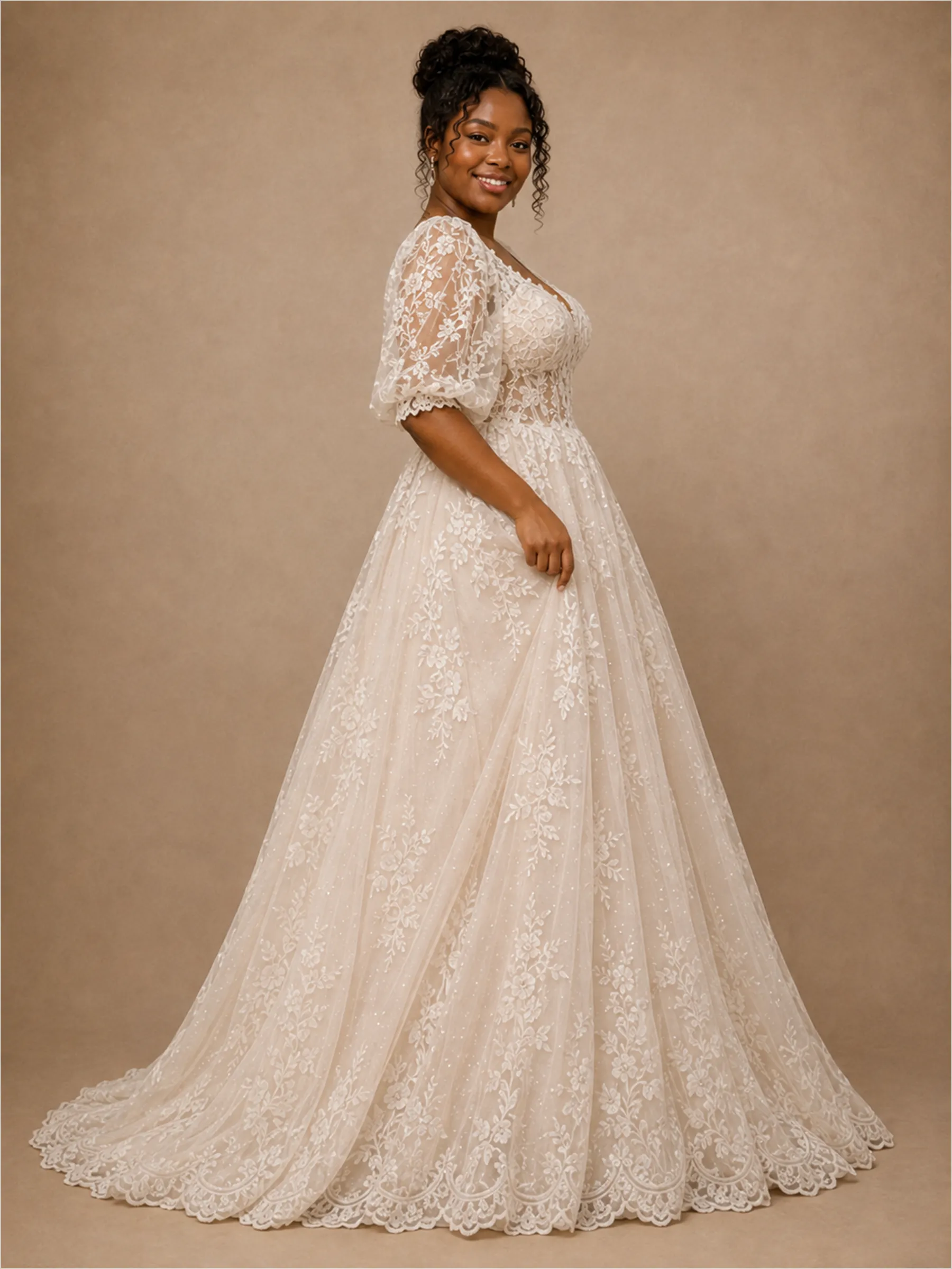 ChicSew Classy Elegant Half Sleeves V-Neck A-Line Lace Tulle Maxi Long Wedding Dress sold by ChicSew product image thumbnail 3