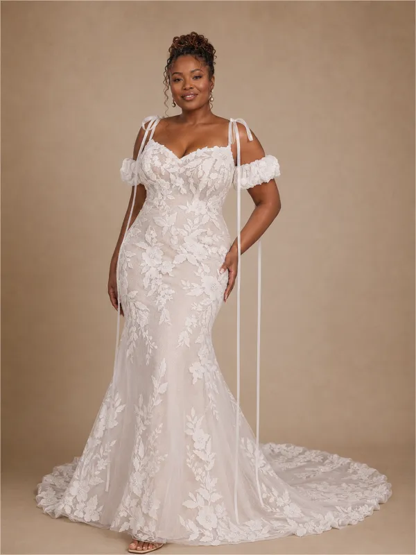 ChicSew Modern Unique Mermaid Cold Shoulder Lace Tulle Maxi Long Wedding Dress made by ChicSew