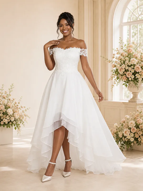 ChicSew Elegant Off The Shoulder Lace Chiffon A-Line High-Low Wedding Dress made by ChicSew