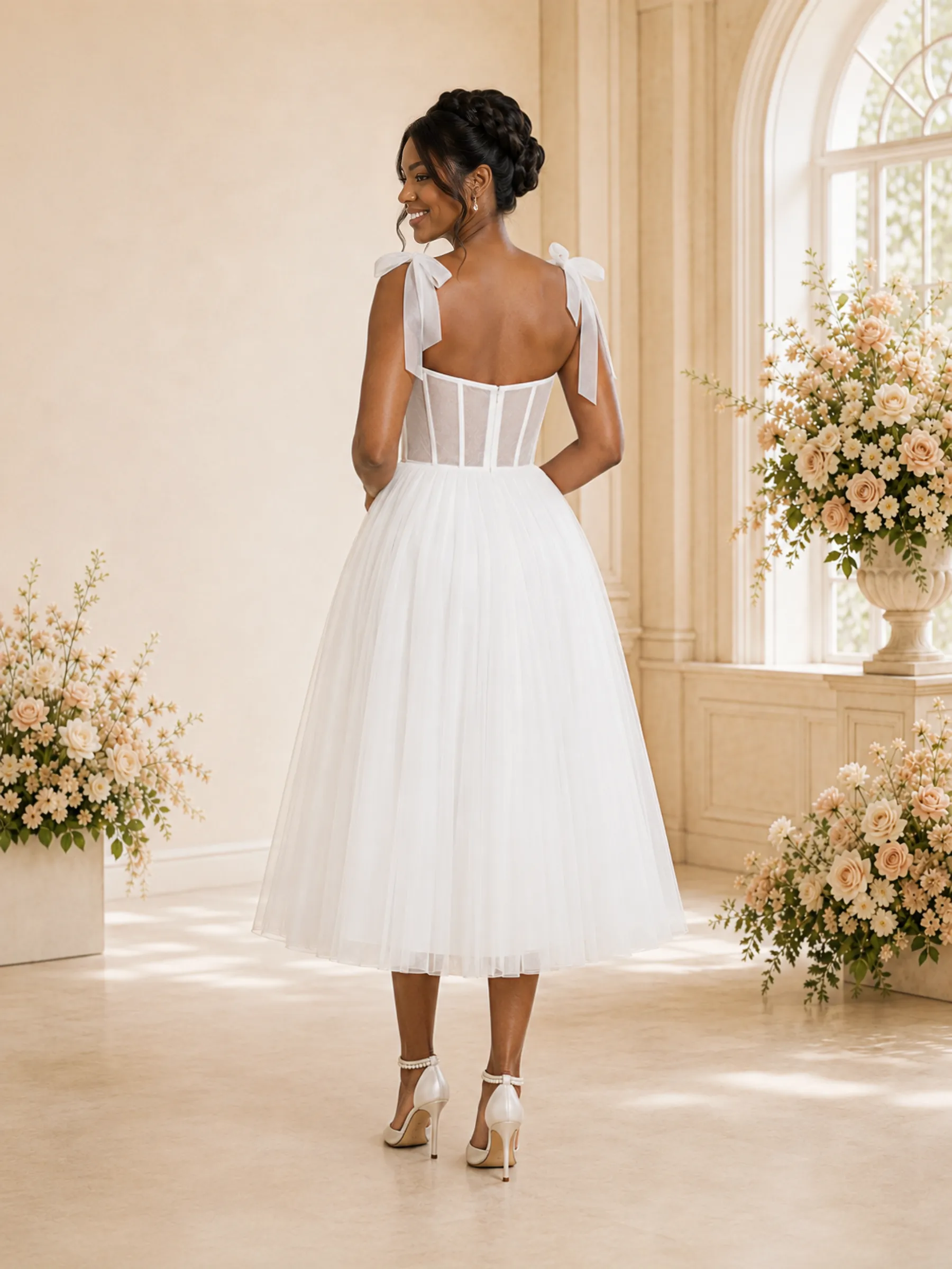ChicSew Elegant Spaghettt Straps Boning Tulle A-Line Tea-Length Wedding Dress sold by ChicSew product image thumbnail 4