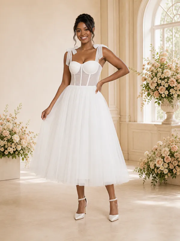 ChicSew Elegant Spaghettt Straps Boning Tulle A-Line Tea-Length Wedding Dress made by ChicSew