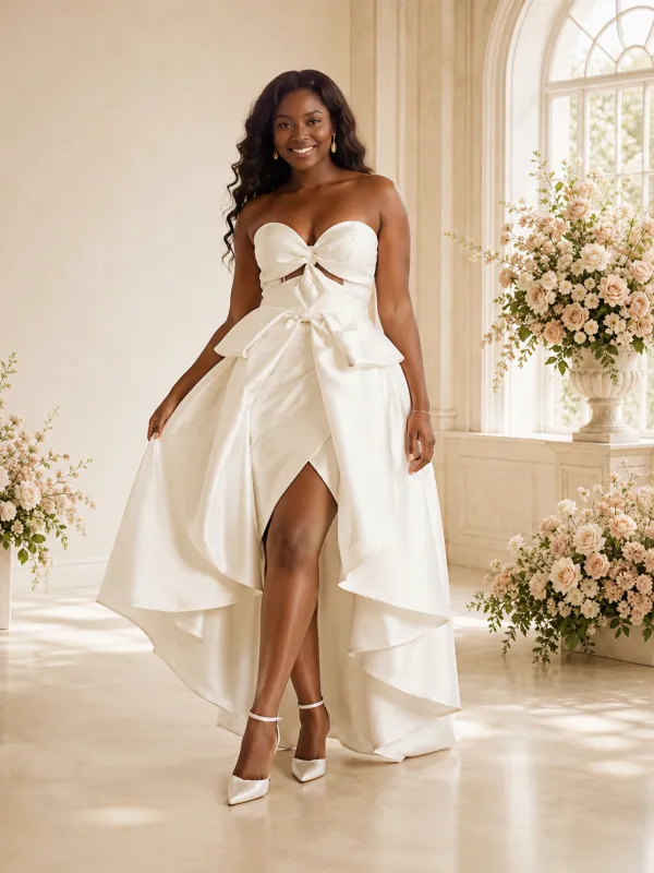 ChicSew Fancy Strapless Sweetheart Ruching Sleeveless Sheath High-Low Wedding Dress made by ChicSew