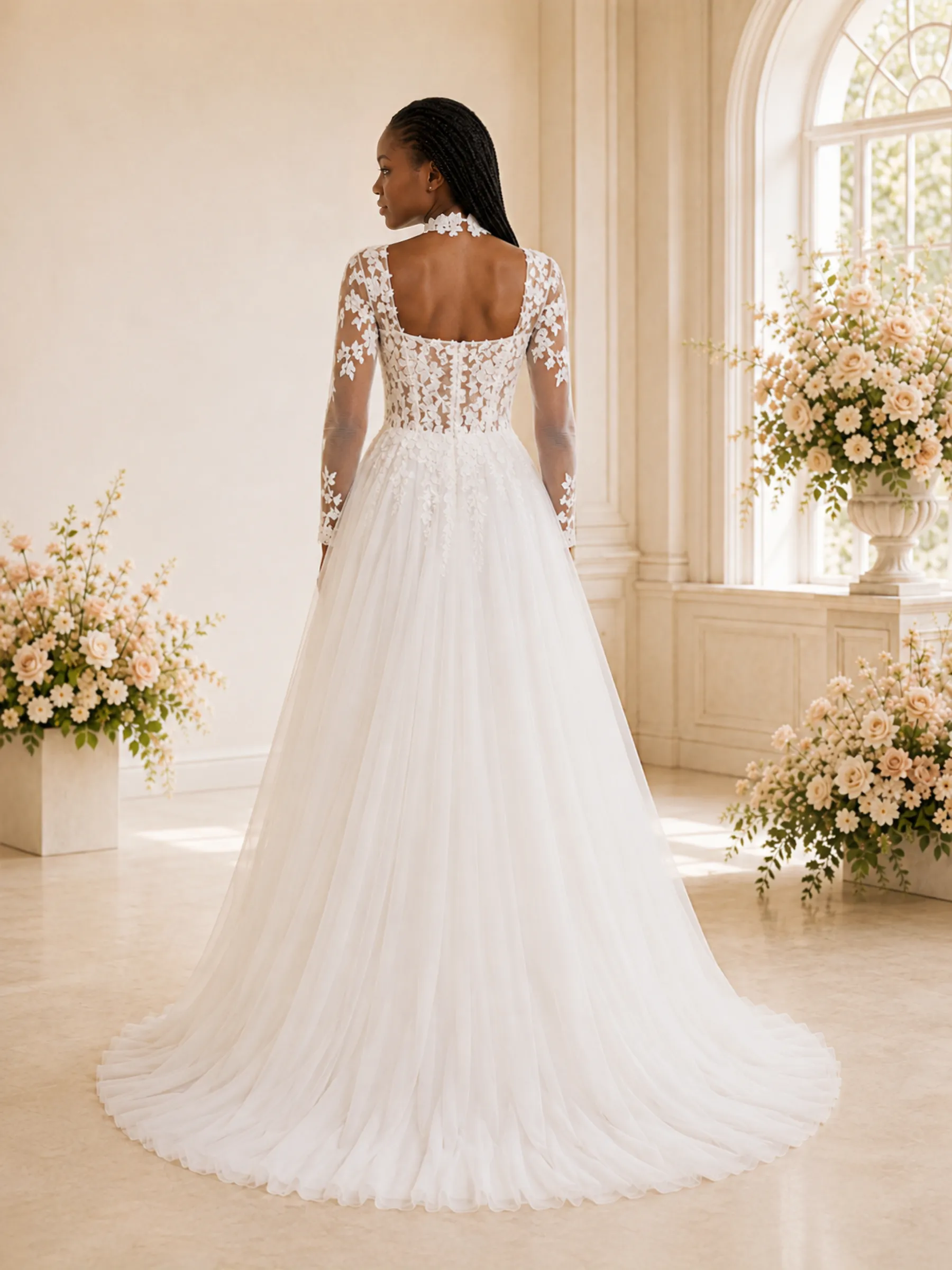 ChicSew Elegant A-Line Square Neckline Tulle Long Sleeves Maxi Wedding Dress With Lace Applique sold by ChicSew product image thumbnail 4