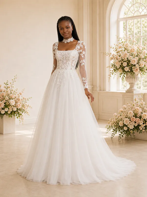 ChicSew Elegant A-Line Square Neckline Tulle Long Sleeves Maxi Wedding Dress With Lace Applique made by ChicSew