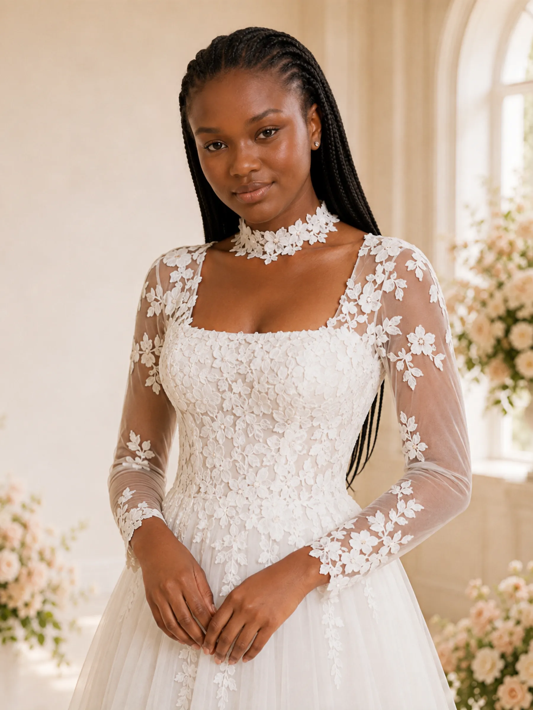 ChicSew Elegant A-Line Square Neckline Tulle Long Sleeves Maxi Wedding Dress With Lace Applique sold by ChicSew product image thumbnail 2