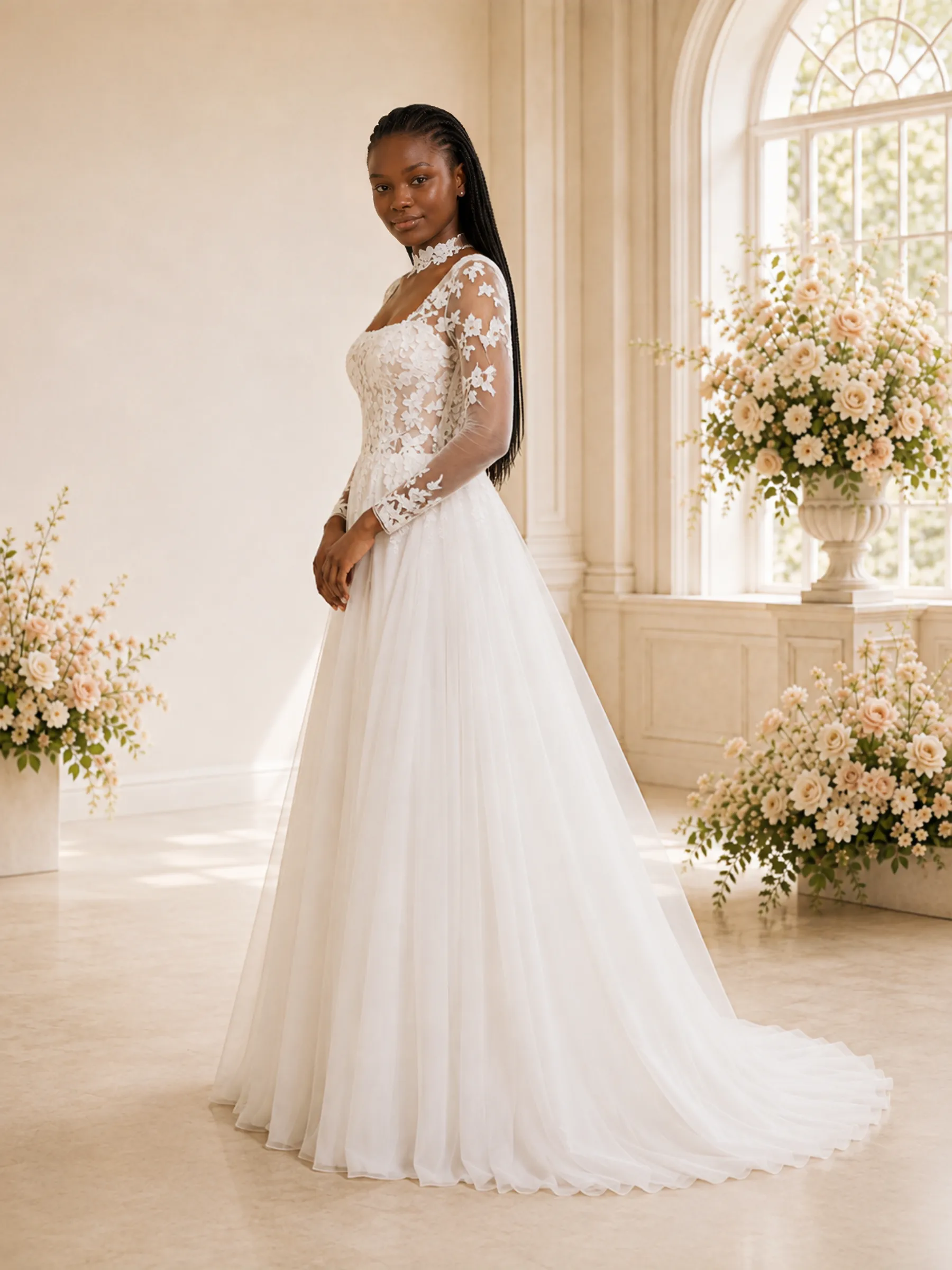 ChicSew Elegant A-Line Square Neckline Tulle Long Sleeves Maxi Wedding Dress With Lace Applique sold by ChicSew product image thumbnail 3