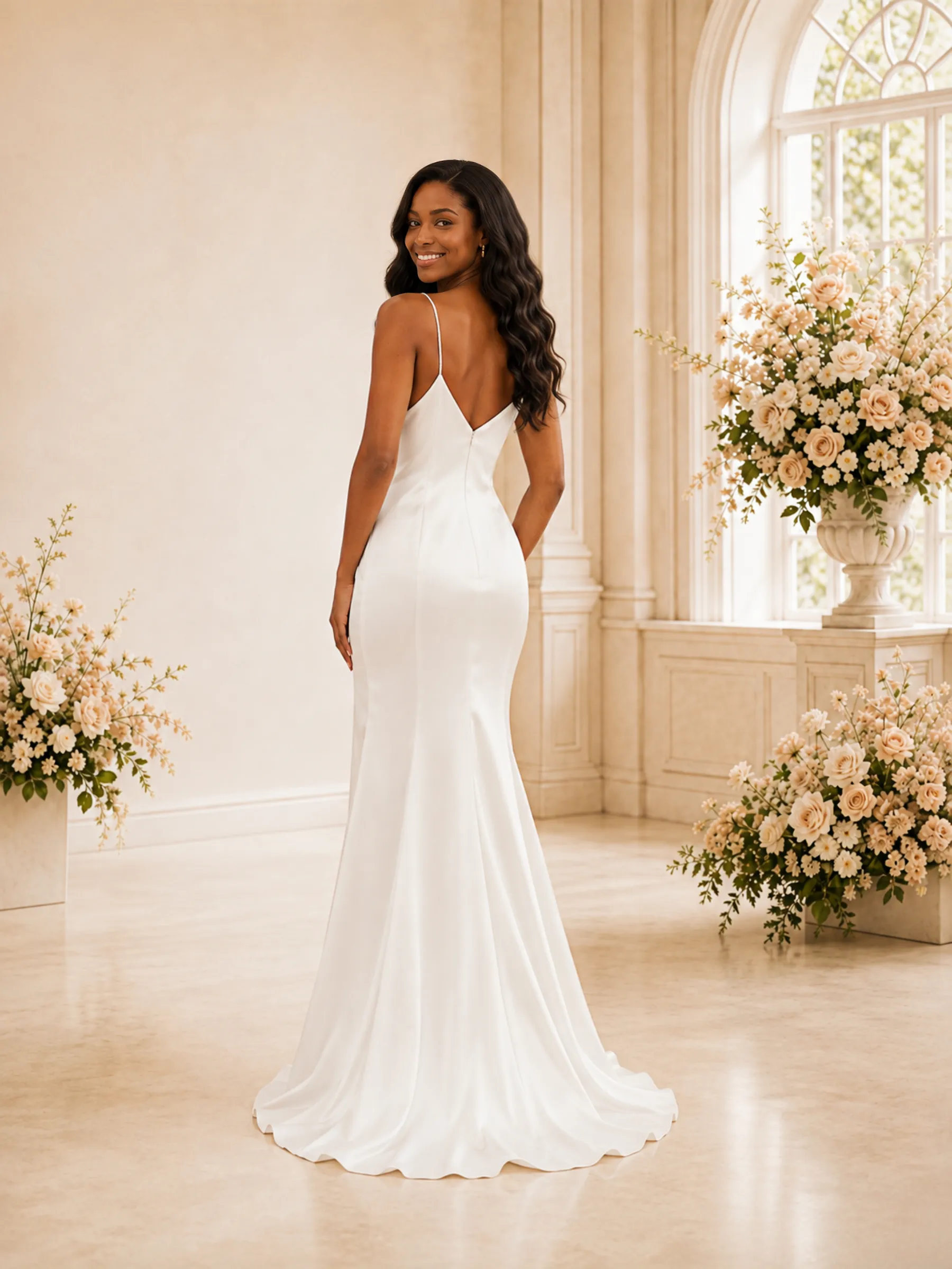 ChicSew Simple Spaghetti Straps V-Neck Side Slit Satin Mermaid Maxi Wedding Dress sold by ChicSew product image thumbnail 4