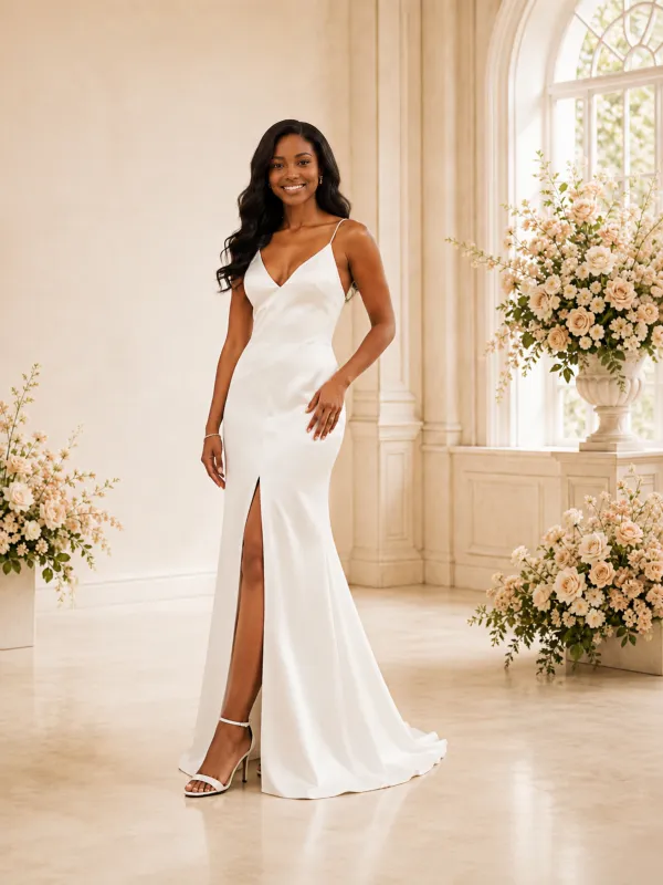 ChicSew Simple Spaghetti Straps V-Neck Side Slit Satin Mermaid Maxi Wedding Dress made by ChicSew