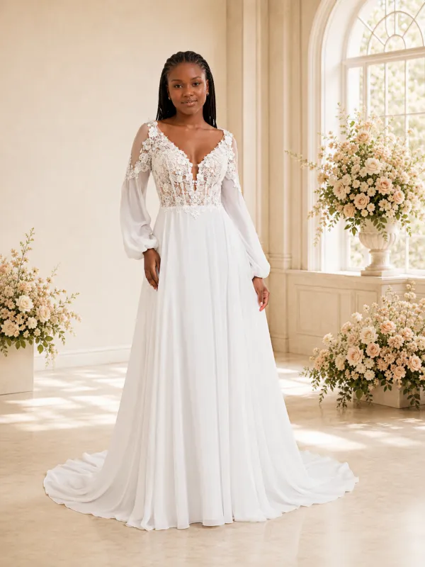 ChicSew Fancy V-Neck Long Sleeves Chiffon A-Line Maxi Wedding Dress With Lace Applique made by ChicSew