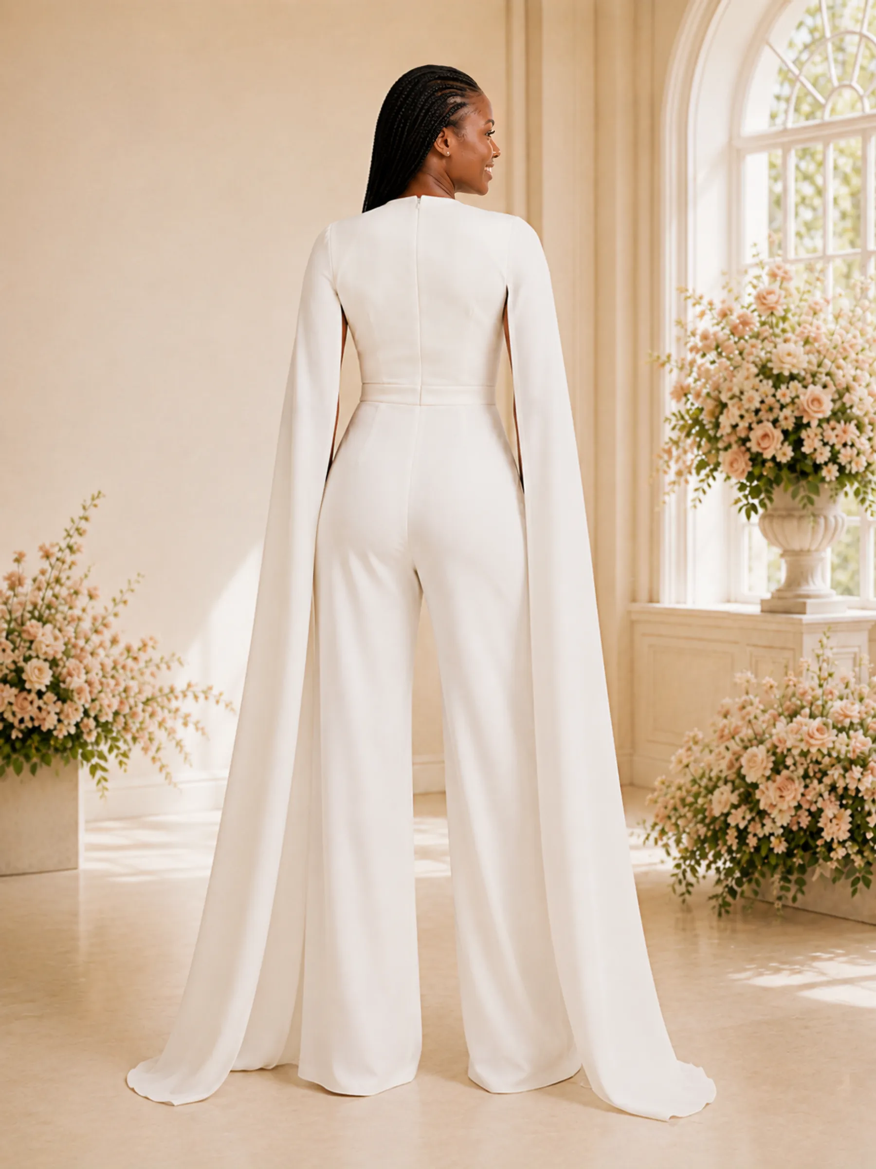 ChicSew Modern Unique Deep V-Neck Crepe Floor-Length Wedding Jumpsuit With Cape Sleeves sold by ChicSew product image thumbnail 4