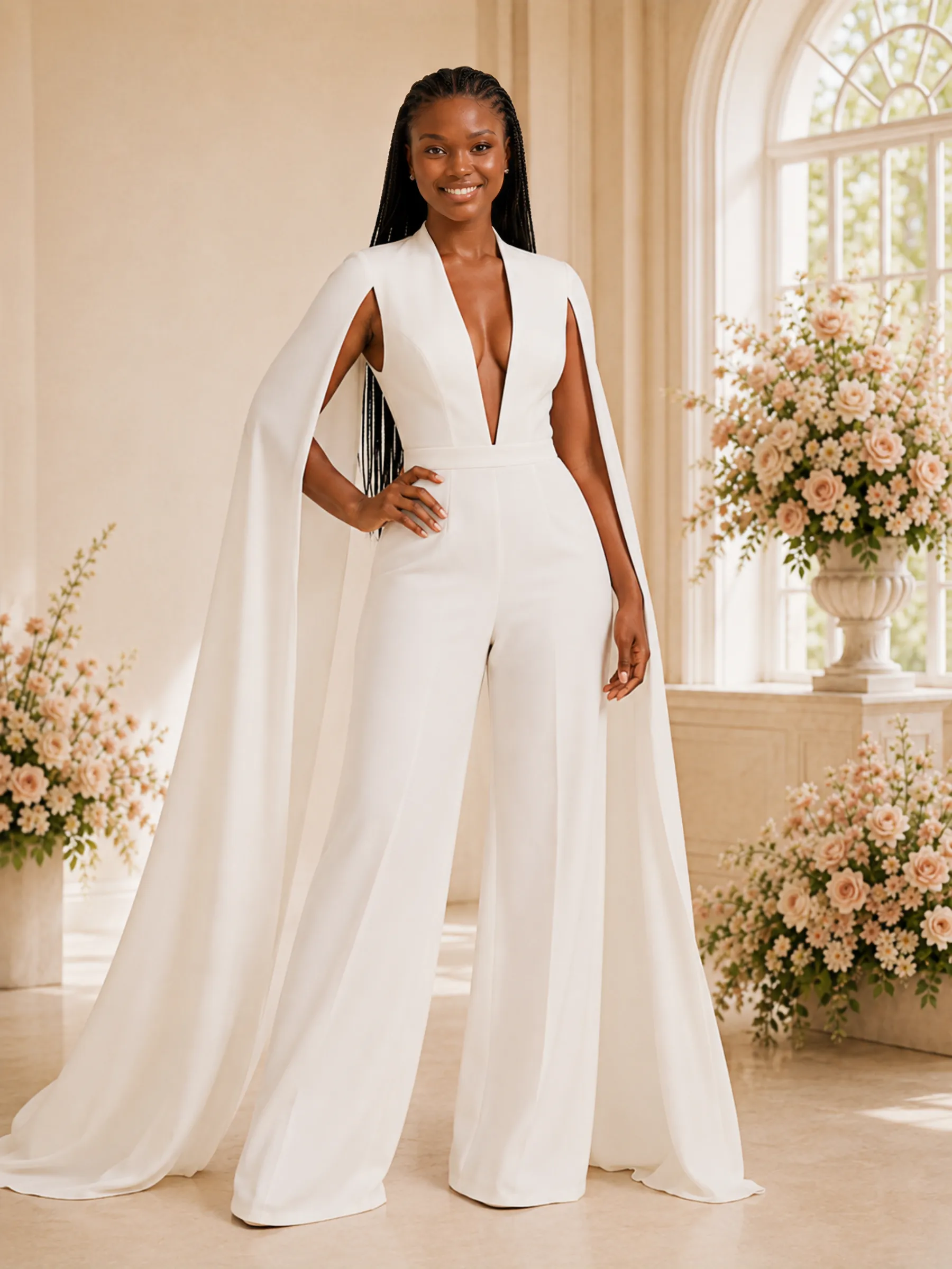 ChicSew Modern Unique Deep V-Neck Crepe Floor-Length Wedding Jumpsuit With Cape Sleeves sold by ChicSew