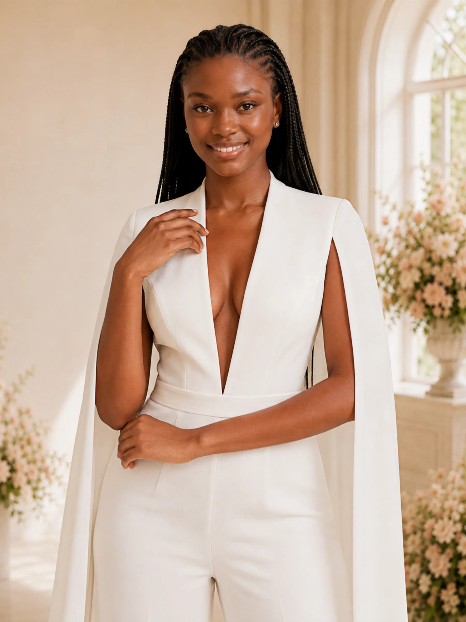 ChicSew Modern Unique Deep V-Neck Crepe Floor-Length Wedding Jumpsuit With Cape Sleeves sold by ChicSew product image thumbnail 2