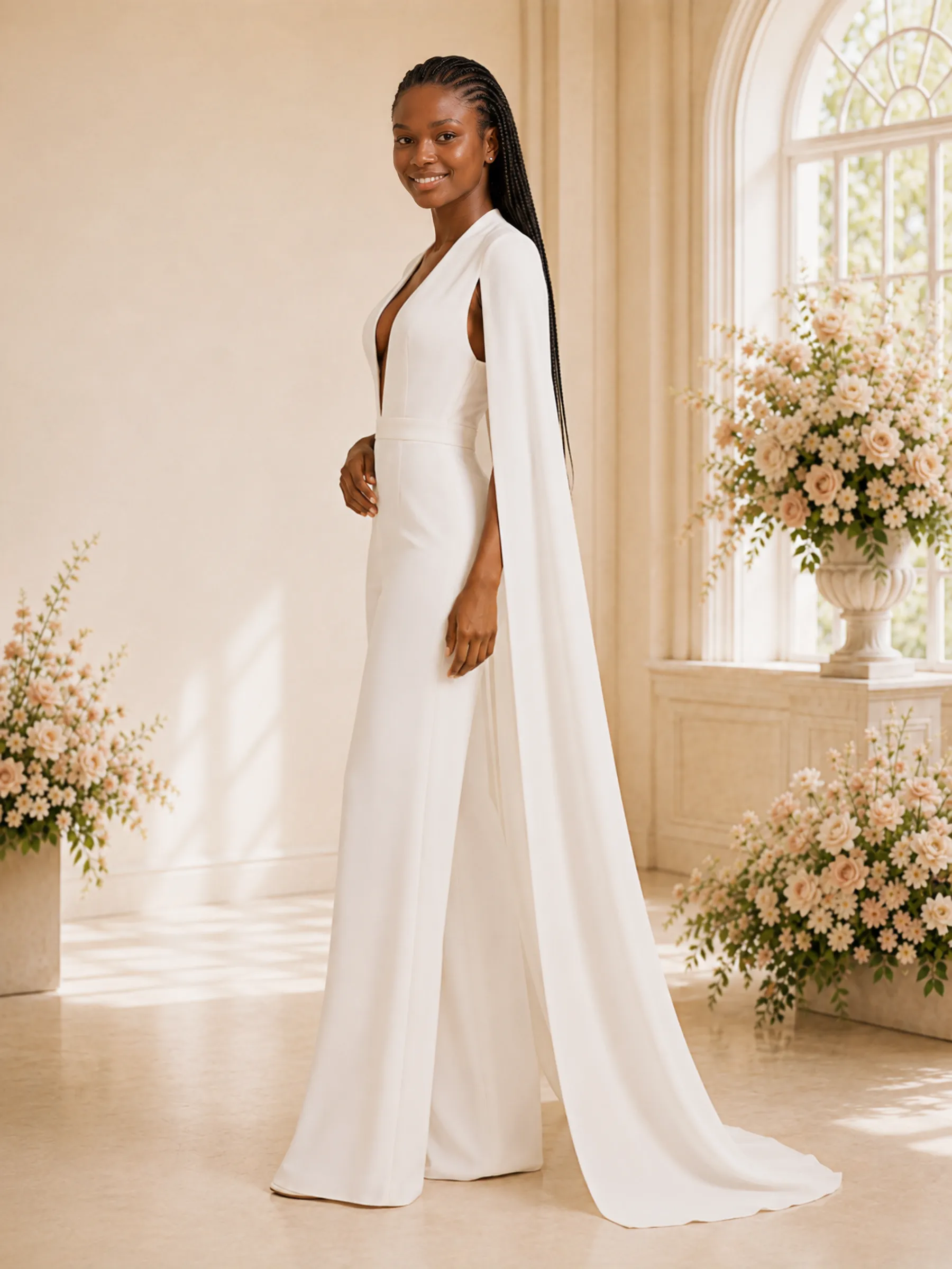 ChicSew Modern Unique Deep V-Neck Crepe Floor-Length Wedding Jumpsuit With Cape Sleeves sold by ChicSew product image thumbnail 3