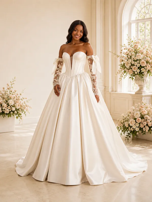 ChicSew Classy Sweetheart A-Line Boning Ruched Satin Maxi Wedding Dress With Long Lace Sleeves made by ChicSew
