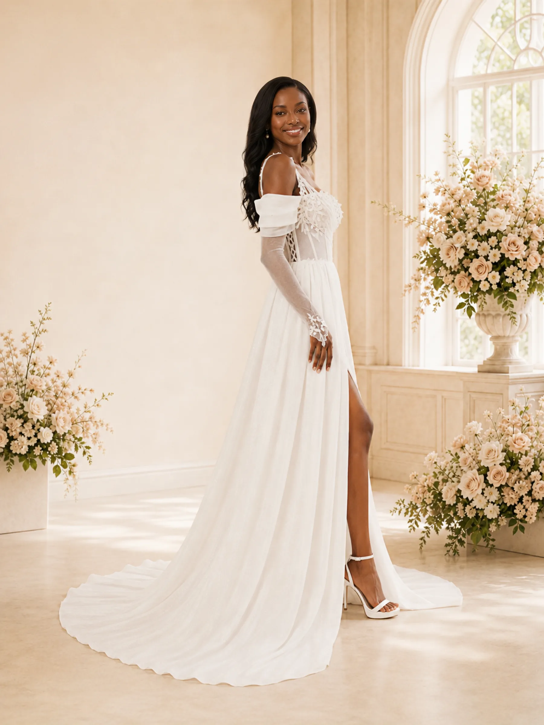 ChicSew Elegant Off The Shoulder Long Sleeves A-Line Glitter Tulle Maxi Wedding Dress sold by ChicSew product image thumbnail 3